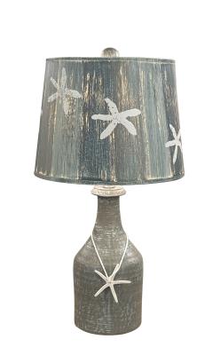 Weathered Grey Small Clay Jug Accent Lamp w/ Starfish and Stripes Shade