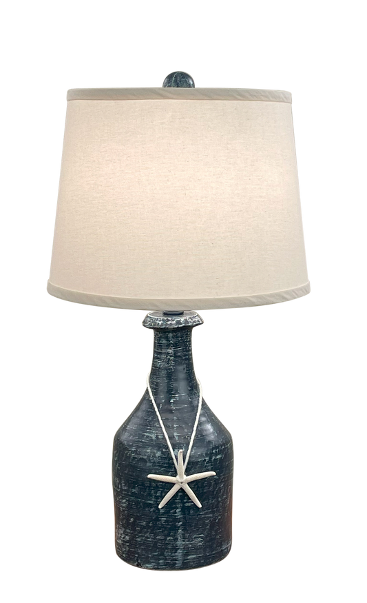 Weathered Navy Small Clay Jug Accent Lamp w/ Real Starfish Accent