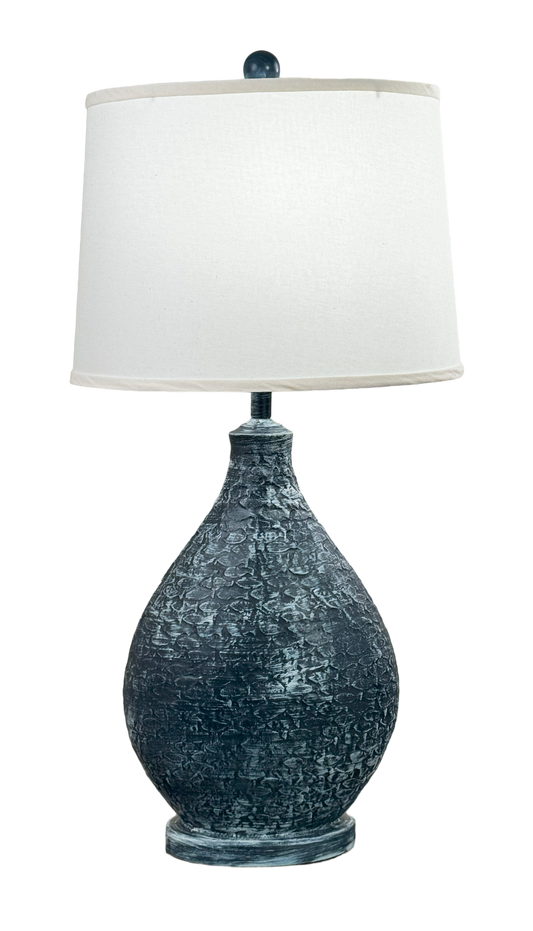 Weathered Navy Oval Table Lamp with Fish Pattern