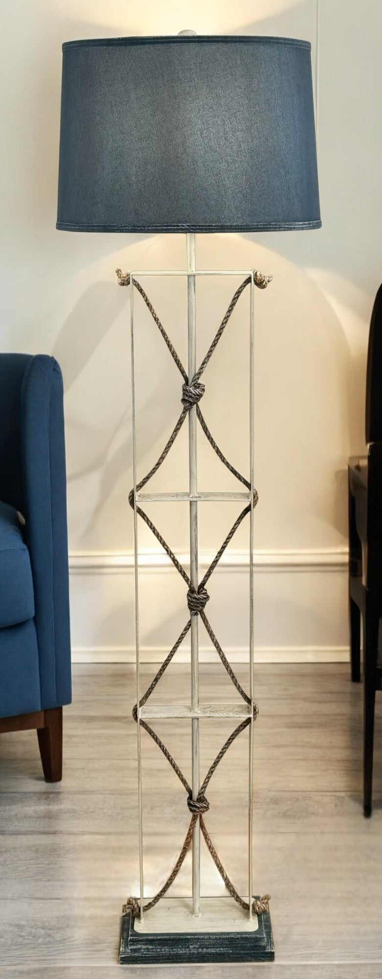 Iron/Rope Floor Lamp w/ Navy Base and Shade