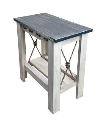 Navy All Wood Side Table with Slat Shelf and Knotted Rope Accent