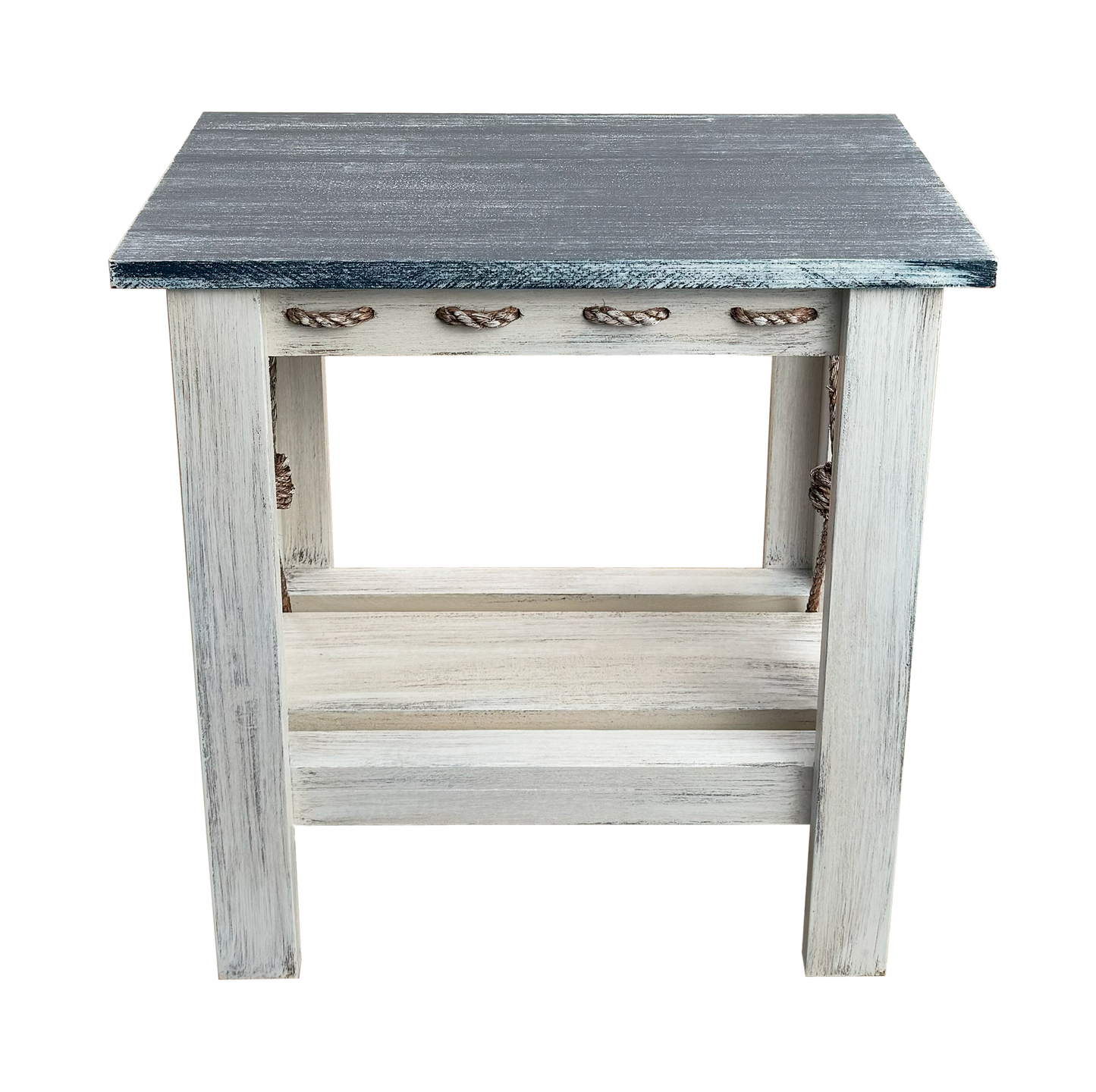 Navy All Wood Side Table with Slat Shelf and Knotted Rope Accent