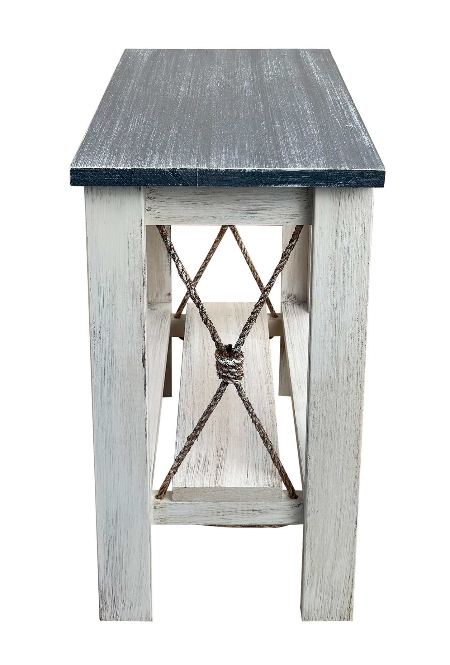 Navy All Wood Side Table with Slat Shelf and Knotted Rope Accent