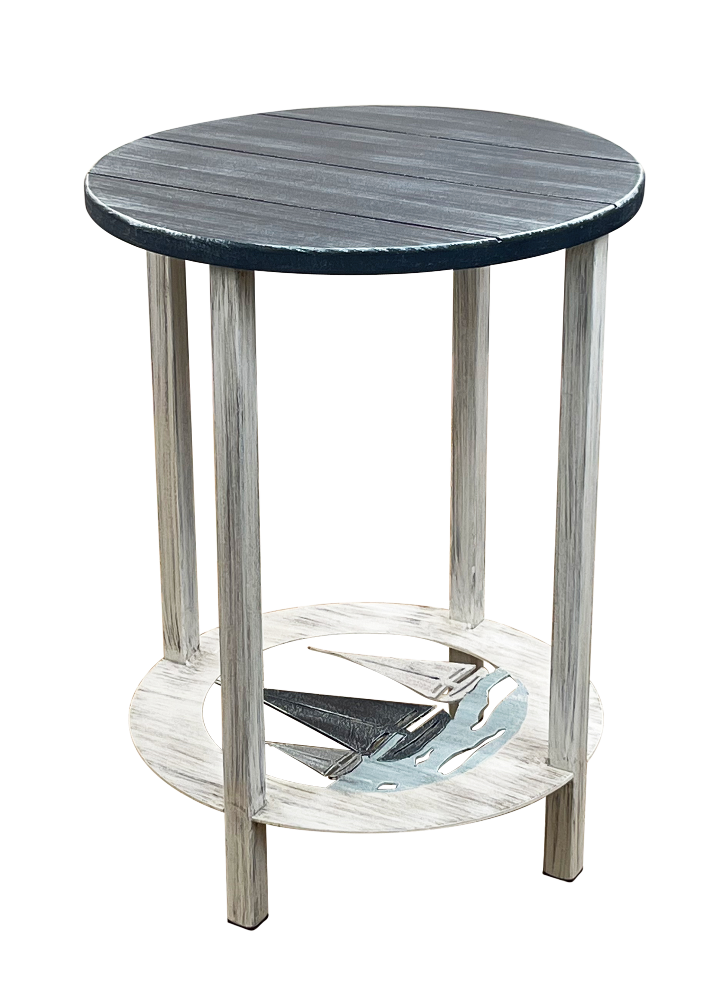 Cottage/Nautical Accent Round End Table with Sailboat Accent