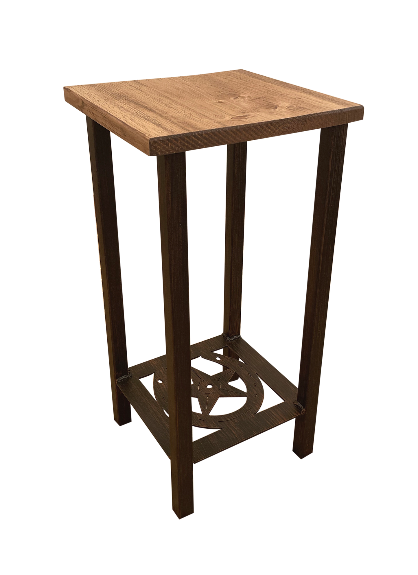 Square Iron Drink Table with Horseshoe/Star Accent and Wood Top