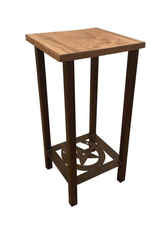 Square Iron Drink Table with Horseshoe/Star Accent and Wood Top