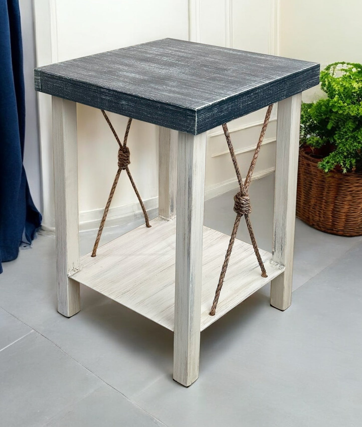 Iron End Table w/ Weathered Knotted Rope Accent and Navy Top