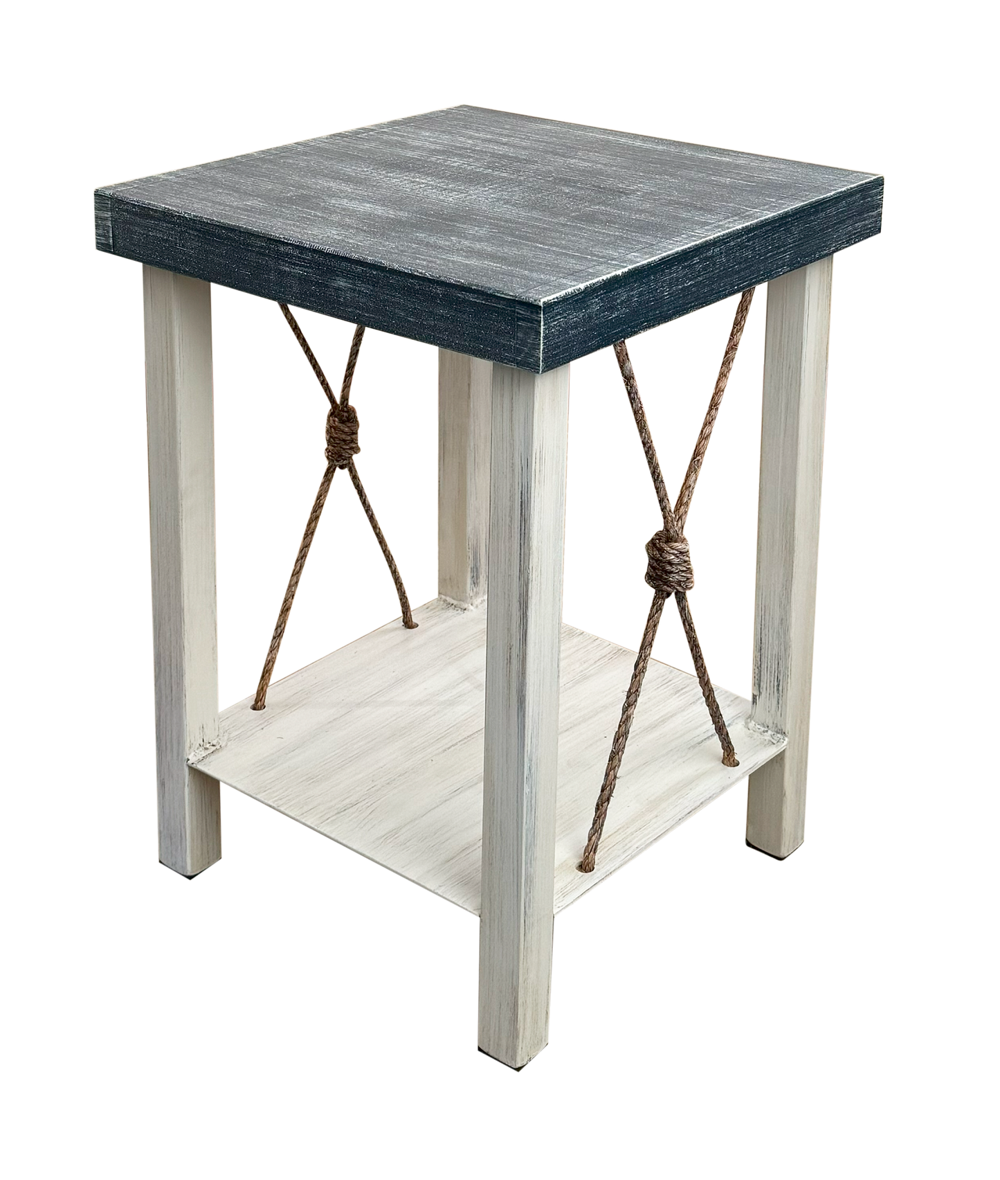 Iron End Table w/ Weathered Knotted Rope Accent and Navy Top