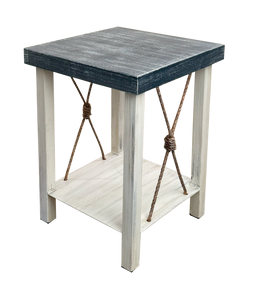 Iron End Table w/ Weathered Knotted Rope Accent and Navy Top