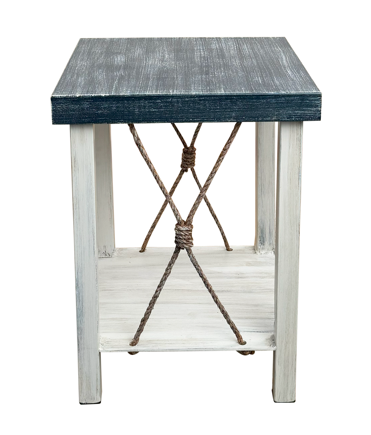 Iron End Table w/ Weathered Knotted Rope Accent and Navy Top