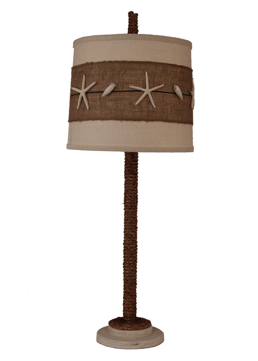 Cottage Manila Rope Table Lamp w/ Burlap and Star Fish Shade - Coast Lamp Shop