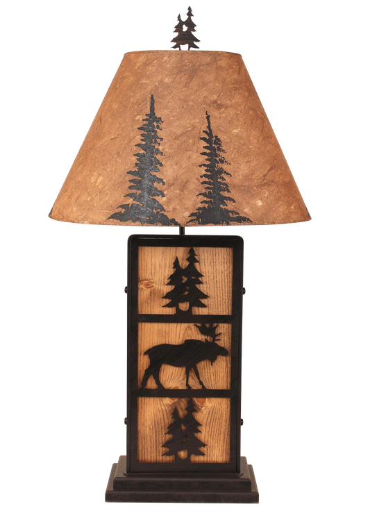 Kodiak Moose and Tree Iron/Wood Table Lamp- Pine Tree Shade - Coast Lamp Shop