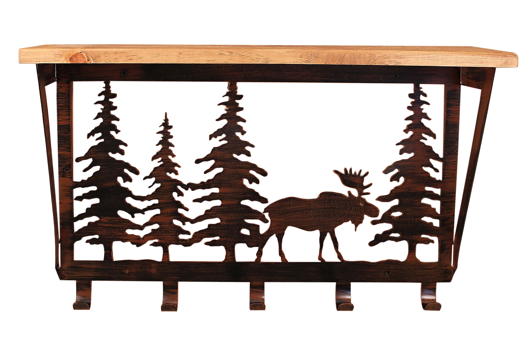 Iron Moose and Pine Trees Coat Rack with 6" Shelf - Coast Lamp Shop