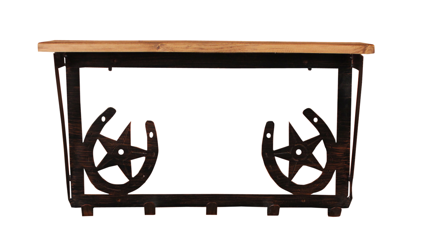 Iron Horse Shoe and Star Coat Rack with 6" Shelf - Coast Lamp Shop