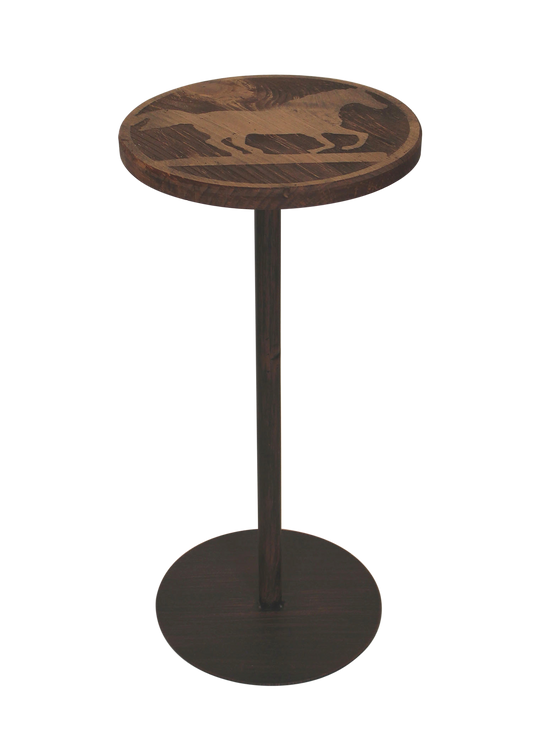 Round Wood Top Drink Table w/Running Horse Accent - Coast Lamp Shop