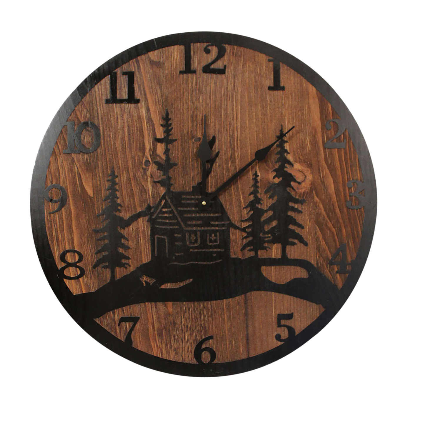 24" Round Wooden Clock with Etched Cabin and Tree Accent - Coast Lamp Shop