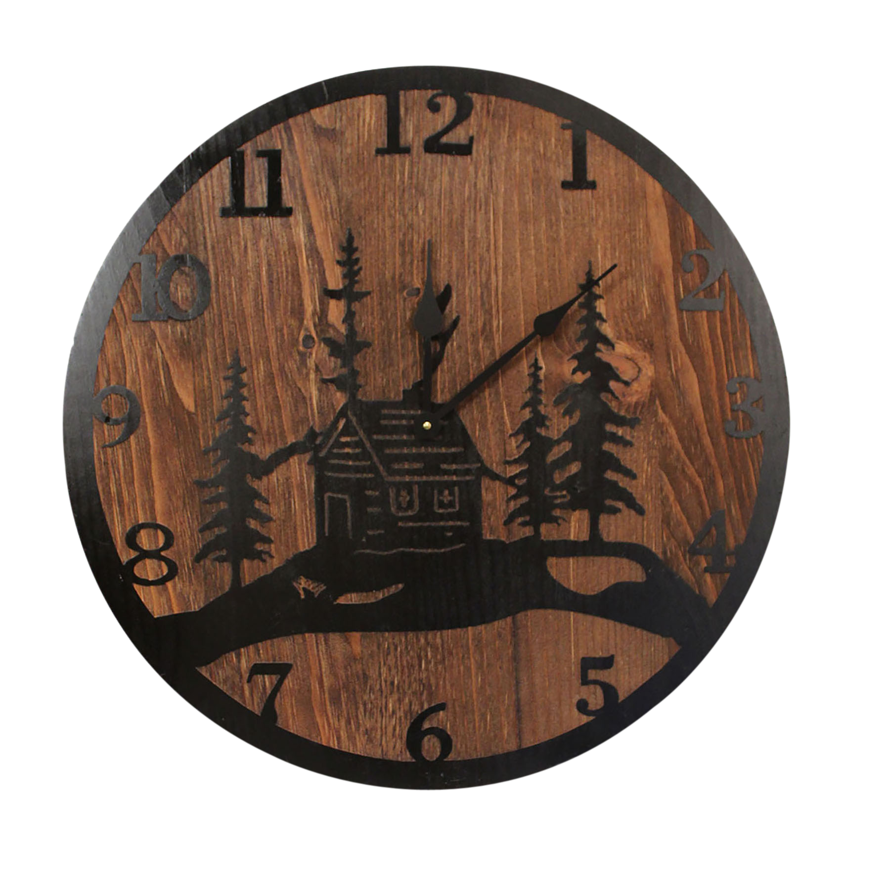 24" Round Wooden Clock with Etched Cabin and Tree Accent - Coast Lamp Shop