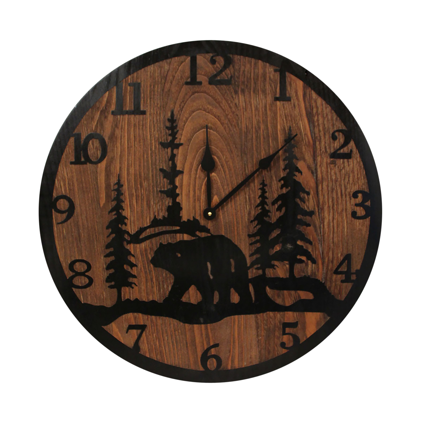 24" Round Wooden Clock with Etched Bear and Tree Accent - Coast Lamp Shop