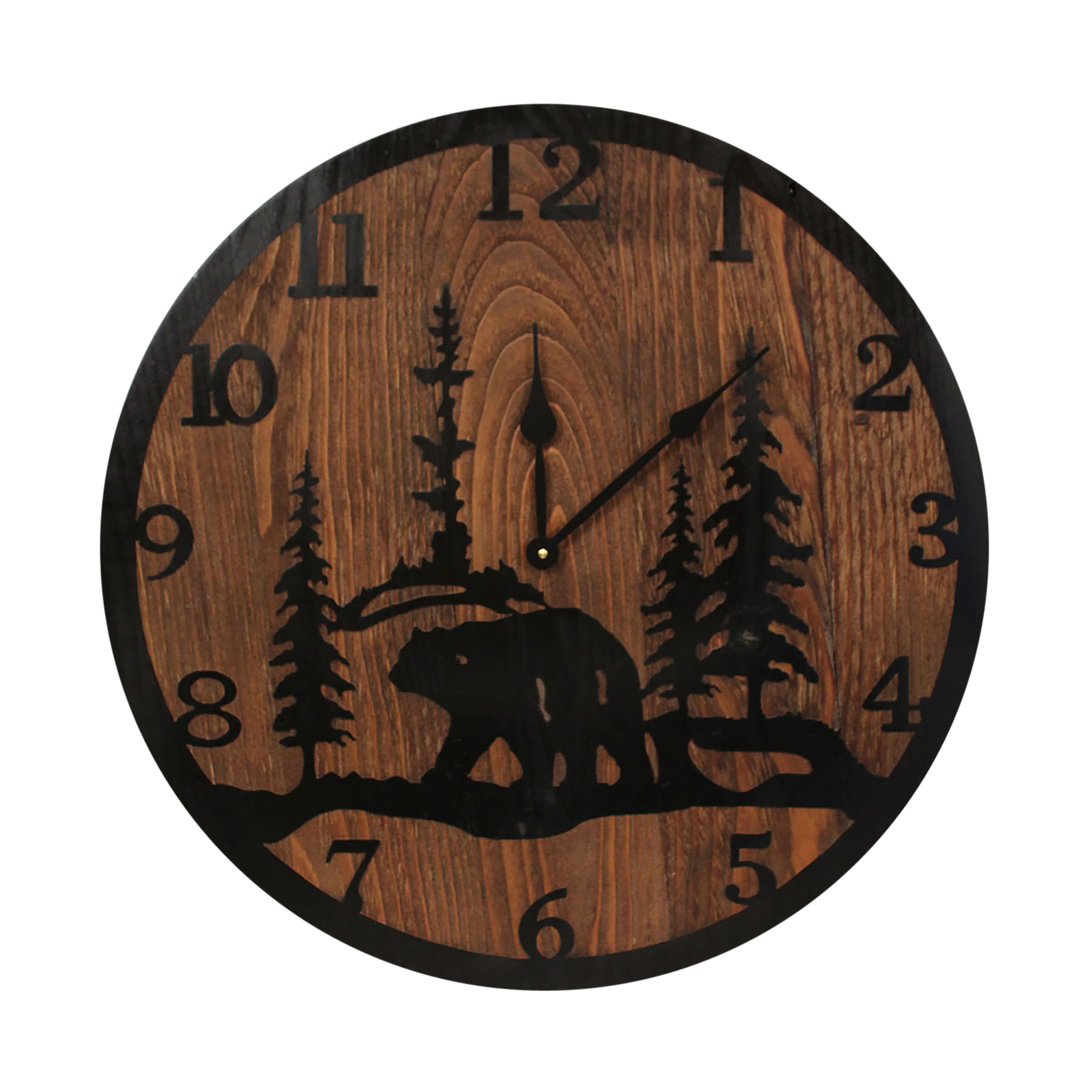 24" Round Wooden Clock with Etched Bear and Tree Accent - Coast Lamp Shop