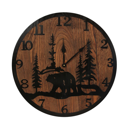 24" Round Wooden Clock with Etched Bear and Tree Accent - Coast Lamp Shop