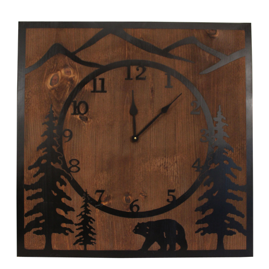 STAIN/BLACK 30" SQUARE WOODEN CLOCK WITH ETCHED BEAR SCENE