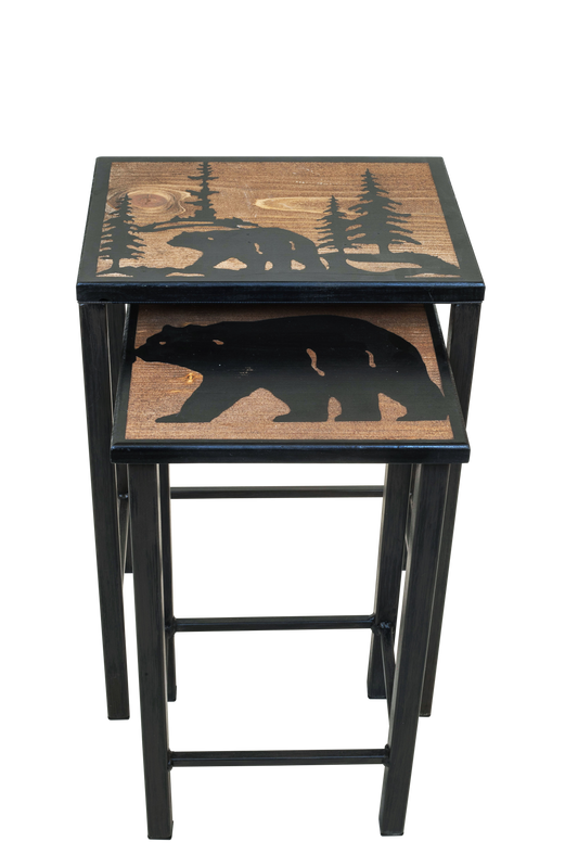 Black/Stain Nesting Iron/Wood Drink Tables with Bear Scene Accent