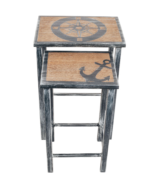 Navy/Stain Nesting Iron/Wood Drink Tables with Nautical Compass and Anchor Accent