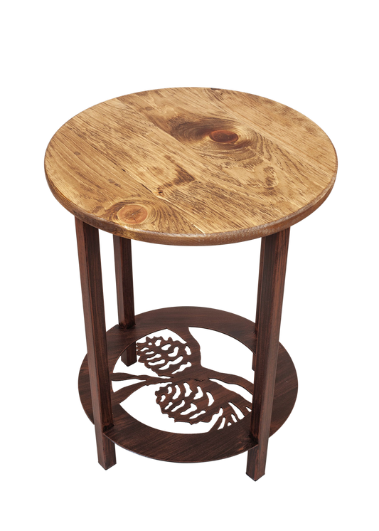 Burnt Sienna Round Iron/Wood End Table with Pine Cone Scene