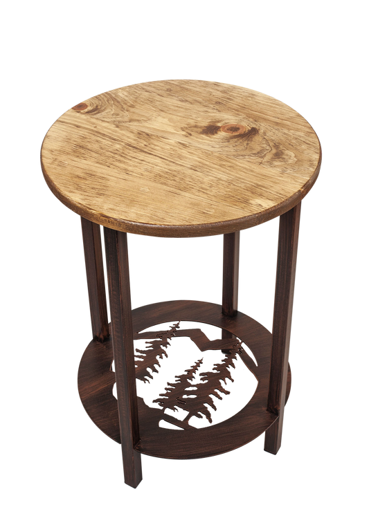 Burnt Sienna Round Iron/Wood End Table with Feather Tree Scene