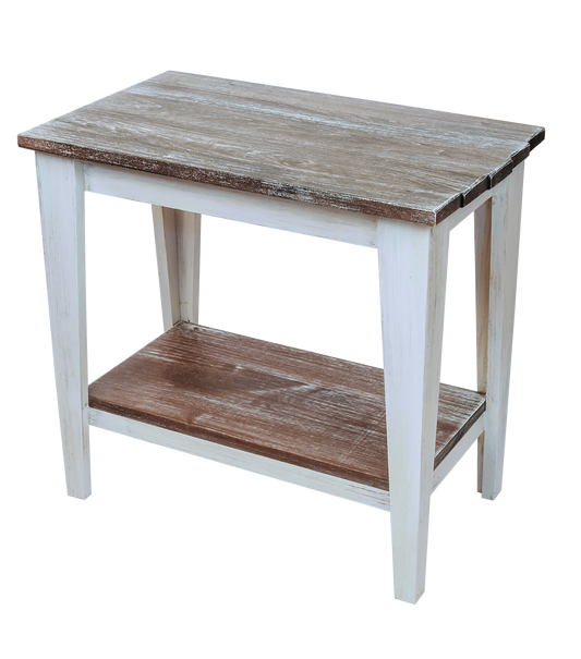 Cottage/Weathered Grey Stain Tapered Leg Side Table with Deck Board top and Bottom Shelf