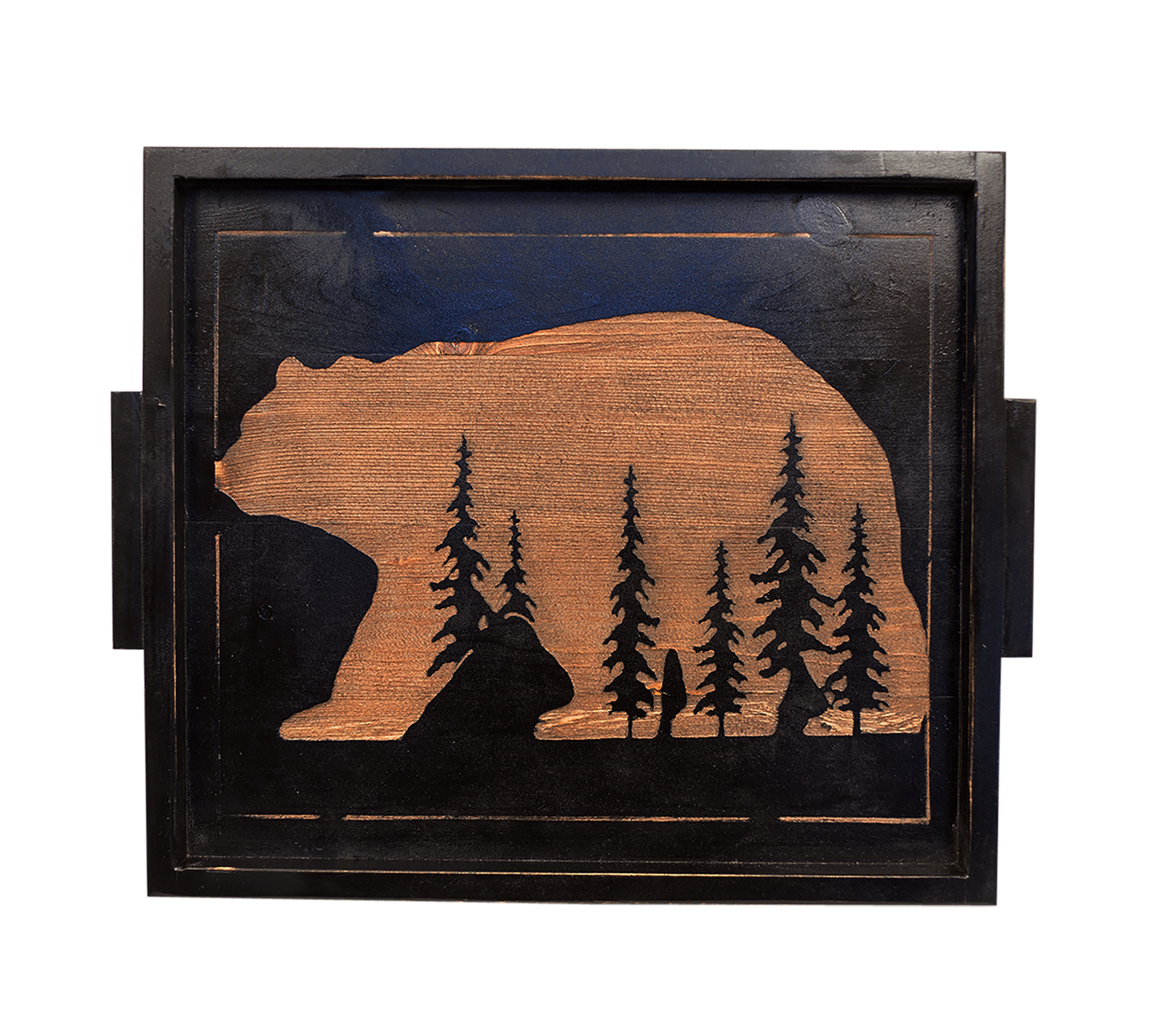 STAIN/BLACK 20" WOODEN TRAY WITH TREE IN BEAR SCENE