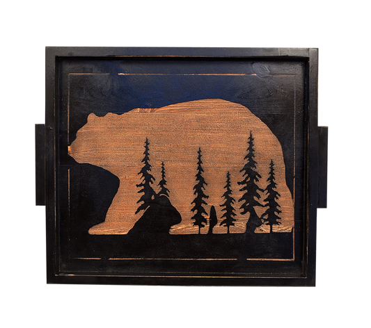 STAIN/BLACK 20" WOODEN TRAY WITH TREE IN BEAR SCENE