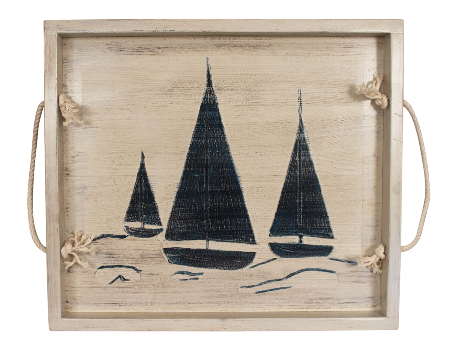 18"x20" Wood Tray with etched Sailboat Base and White Rope Handles- Nautical - Coast Lamp Shop