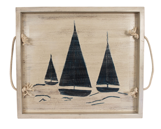 18"x20" Wood Tray with etched Sailboat Base and White Rope Handles- Nautical - Coast Lamp Shop